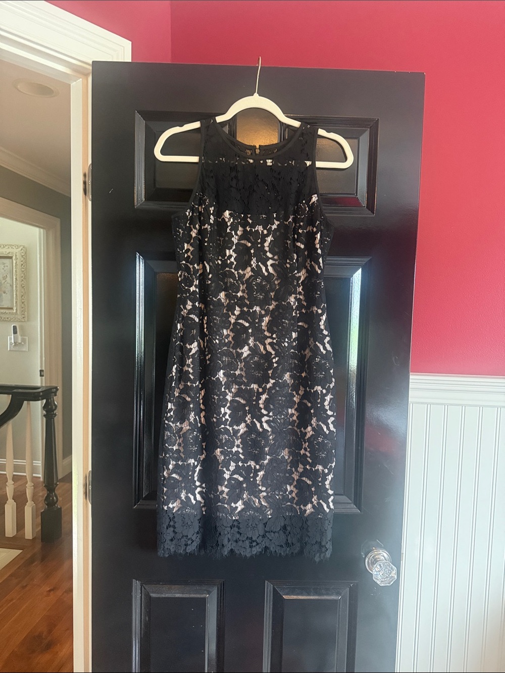 White House Black Market Black Lace Midi Dress with Nude Lining
